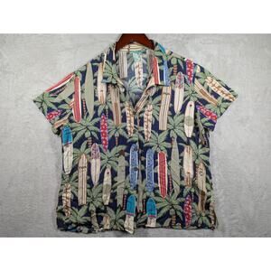 VTG Reyn Spooner Shirt WOMENS Large Rayon Hawaiian Surf Board Palm Floral Light